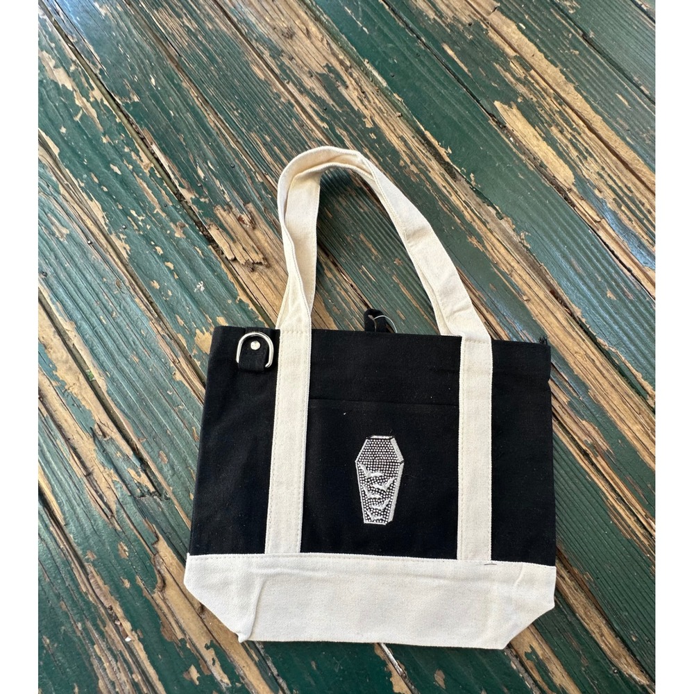 Black and Cream Canvas Coffin mini Embroidered Tote Bag with Zipper Closure